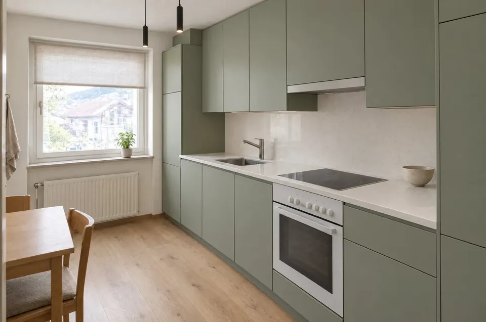 Kitchen, after: A 1990s oak kitchen, with matte sage fronts, a quartz worktop and an oak floor.
