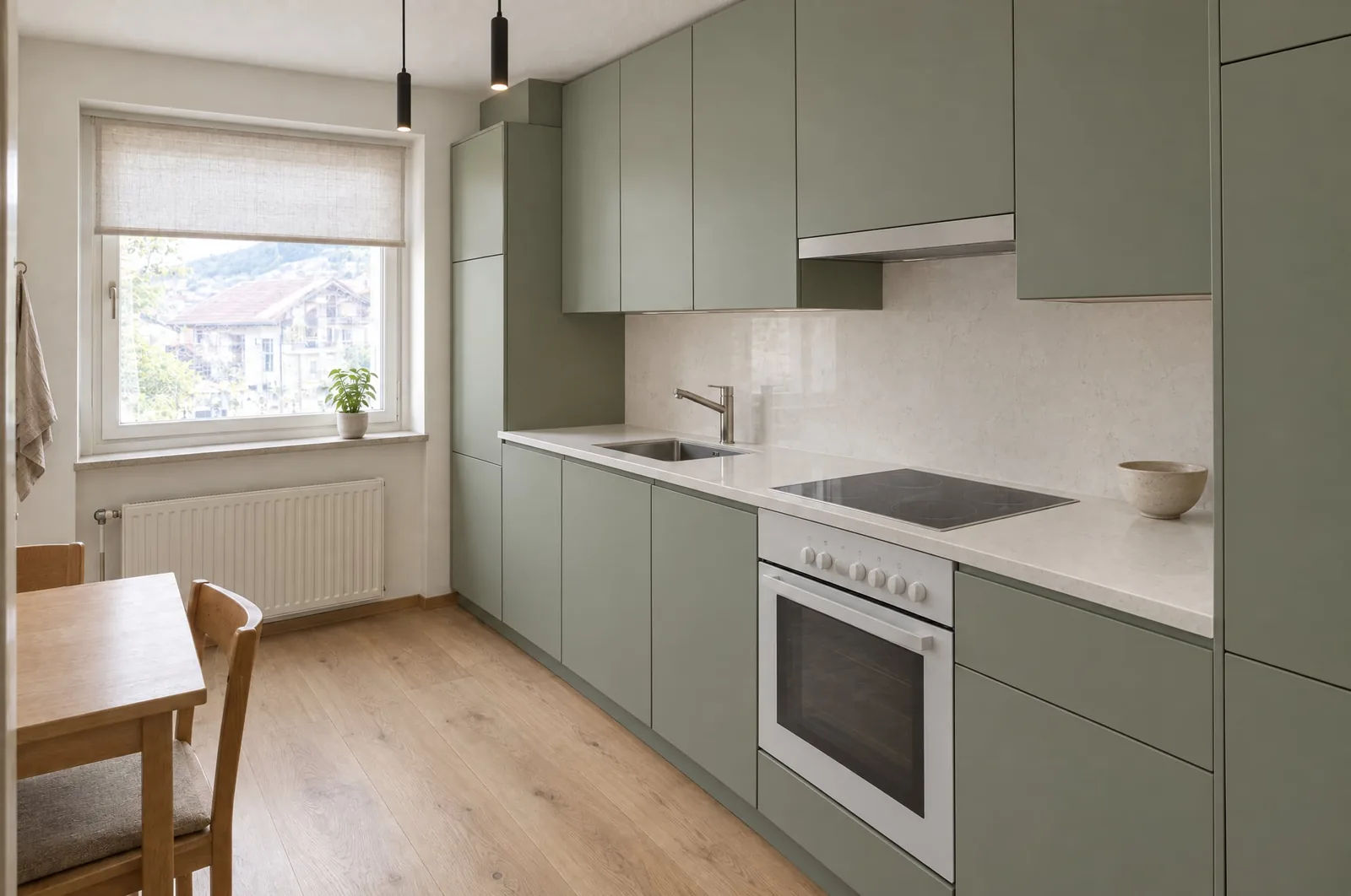 Kitchen, after: A 1990s oak kitchen, with matte sage fronts, a quartz worktop and an oak floor.