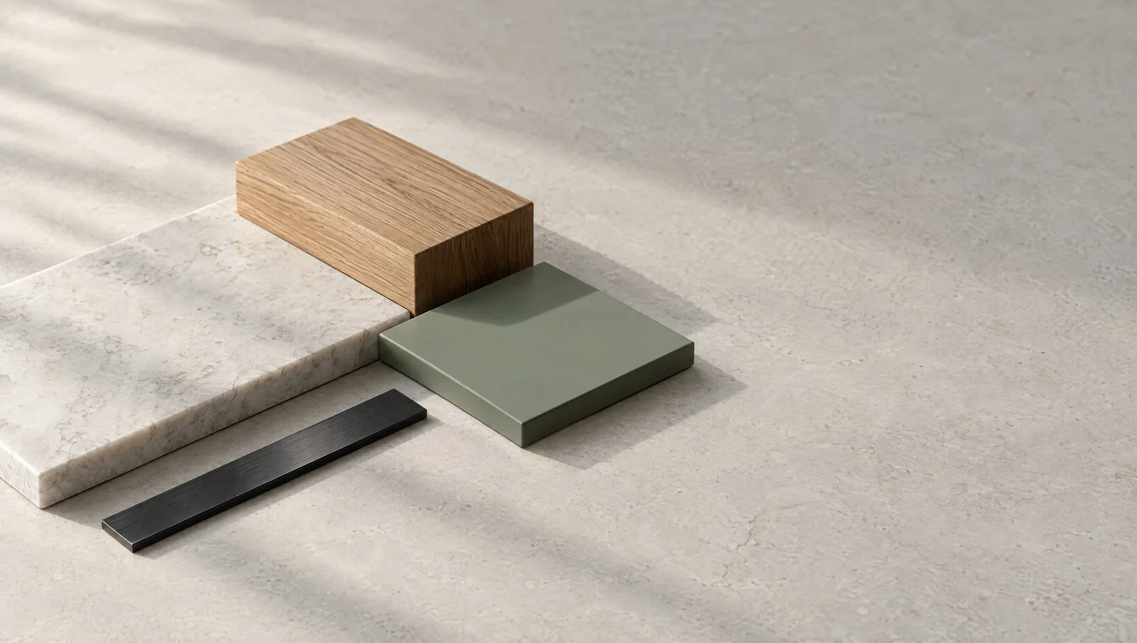 Samples of oak, stone and painted fronts, the materials a client chooses from