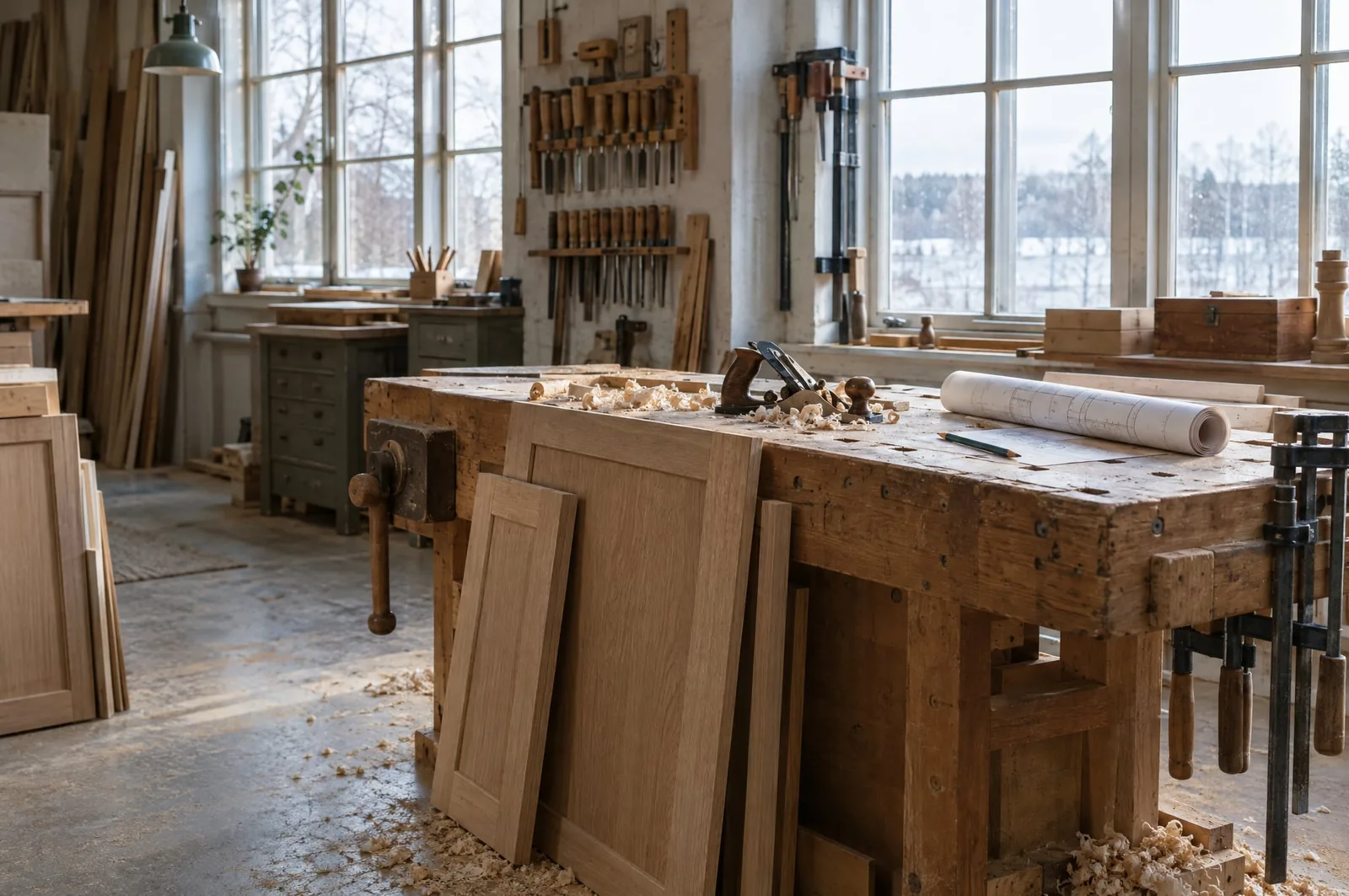 A joiner's workshop, the kind of place where beform began, with drawings rolled up on the bench