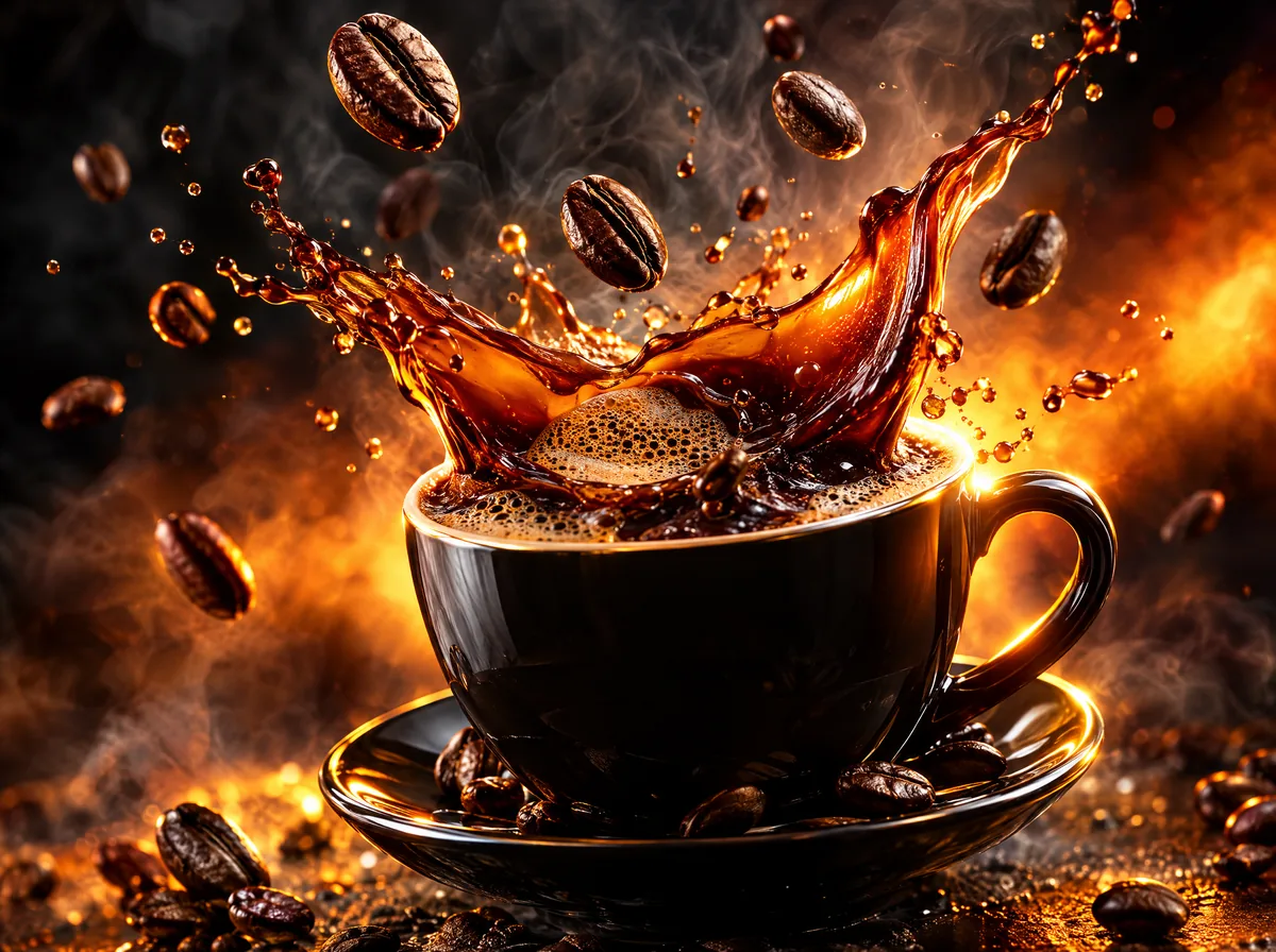 A cup of coffee in the default AI look: an exploding splash, flying beans, fire and smoke on black.