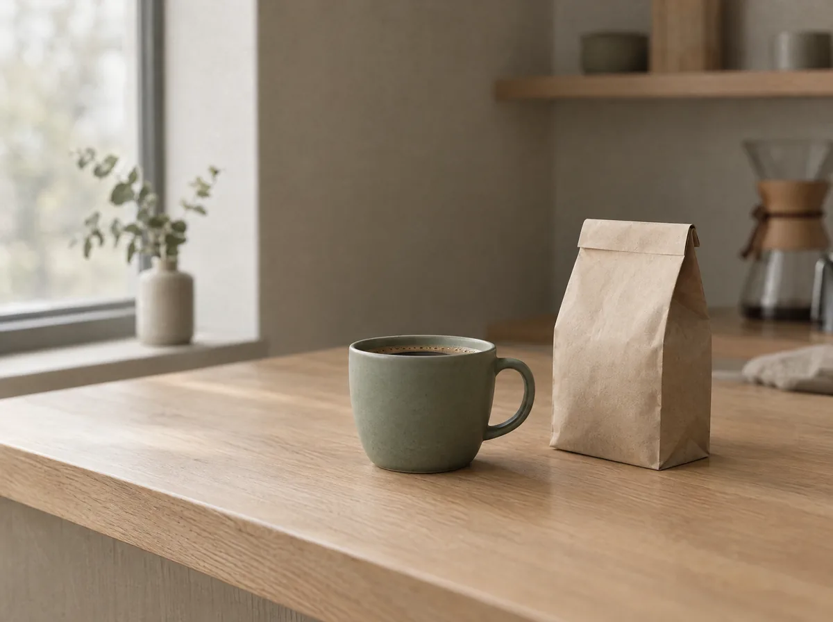 The same product in a locked style: a sage ceramic mug and a kraft paper bag on an oak counter by a window, quiet morning light.