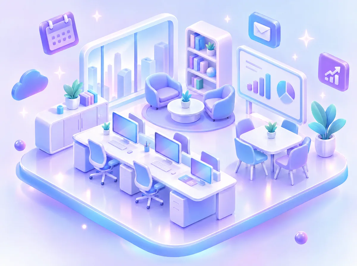 An office in the default AI illustration look: isometric, glossy, lilac and blue, floating icons and sparkles.