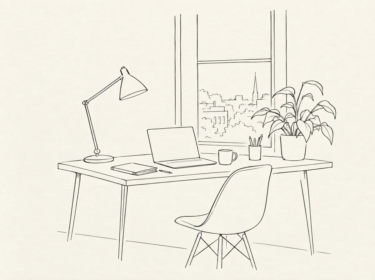 The same subject as a fine black line drawing on warm paper: one desk by a window, a lamp, a laptop and a plant.