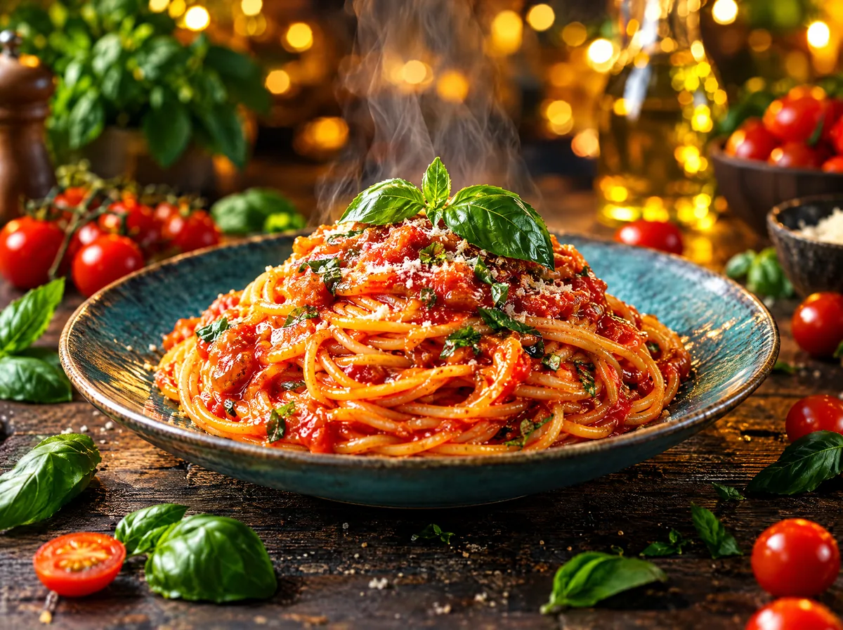 A plate of spaghetti in the default AI look: glossy sauce, rising steam, scattered tomatoes and basil, warm bokeh lights on a dark wooden table.