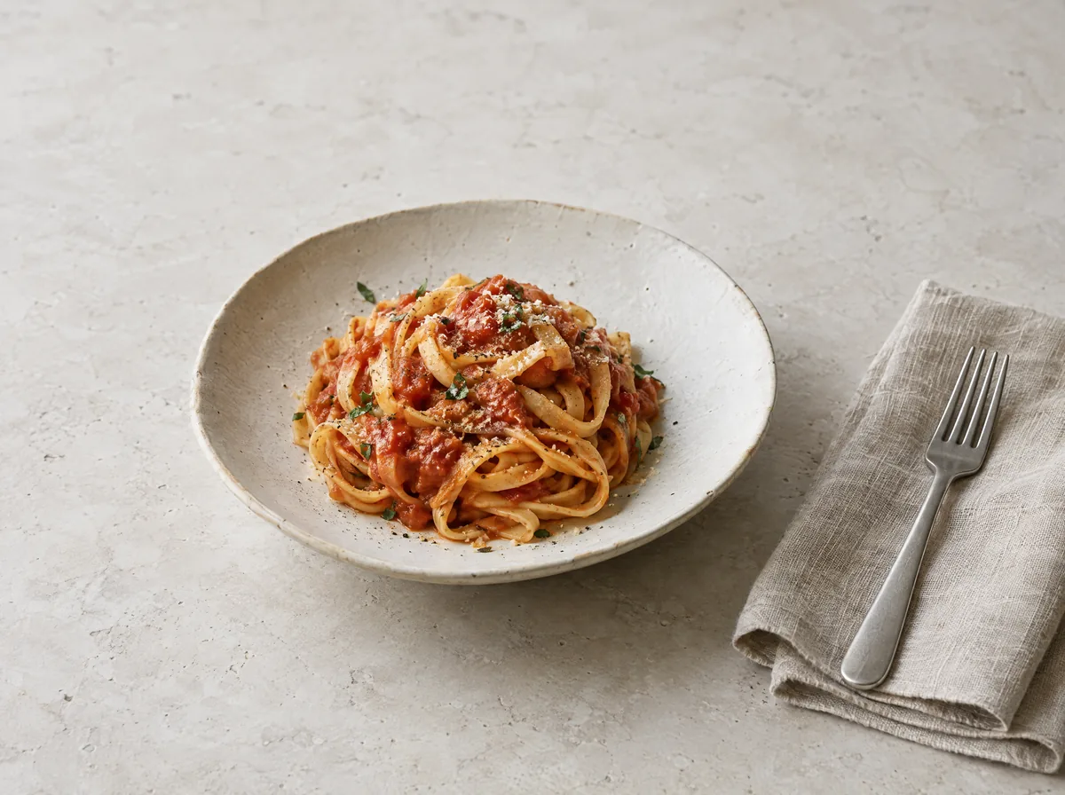 The same dish in a locked house style: a plain ceramic plate on pale stone in soft daylight, a linen napkin and a fork beside it.