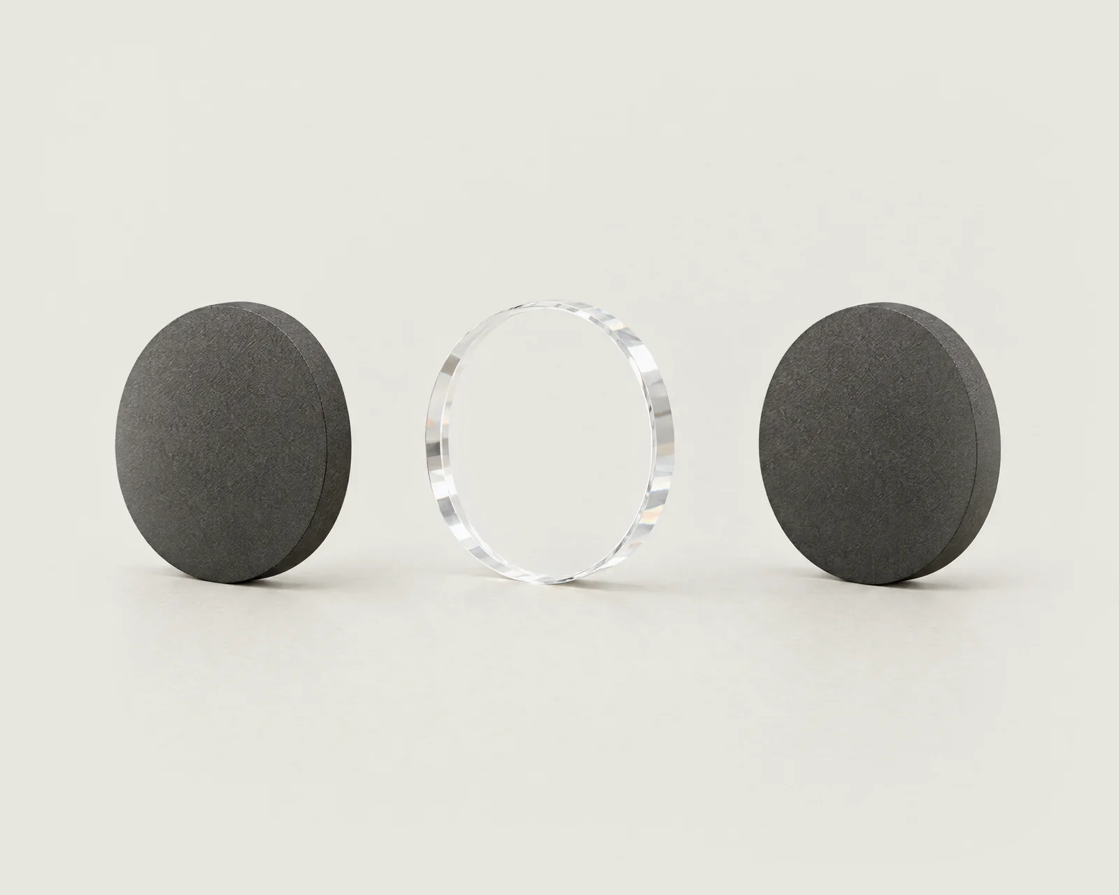 Three discs in a row, graphite, glass and graphite: people start and finish, AI works in between